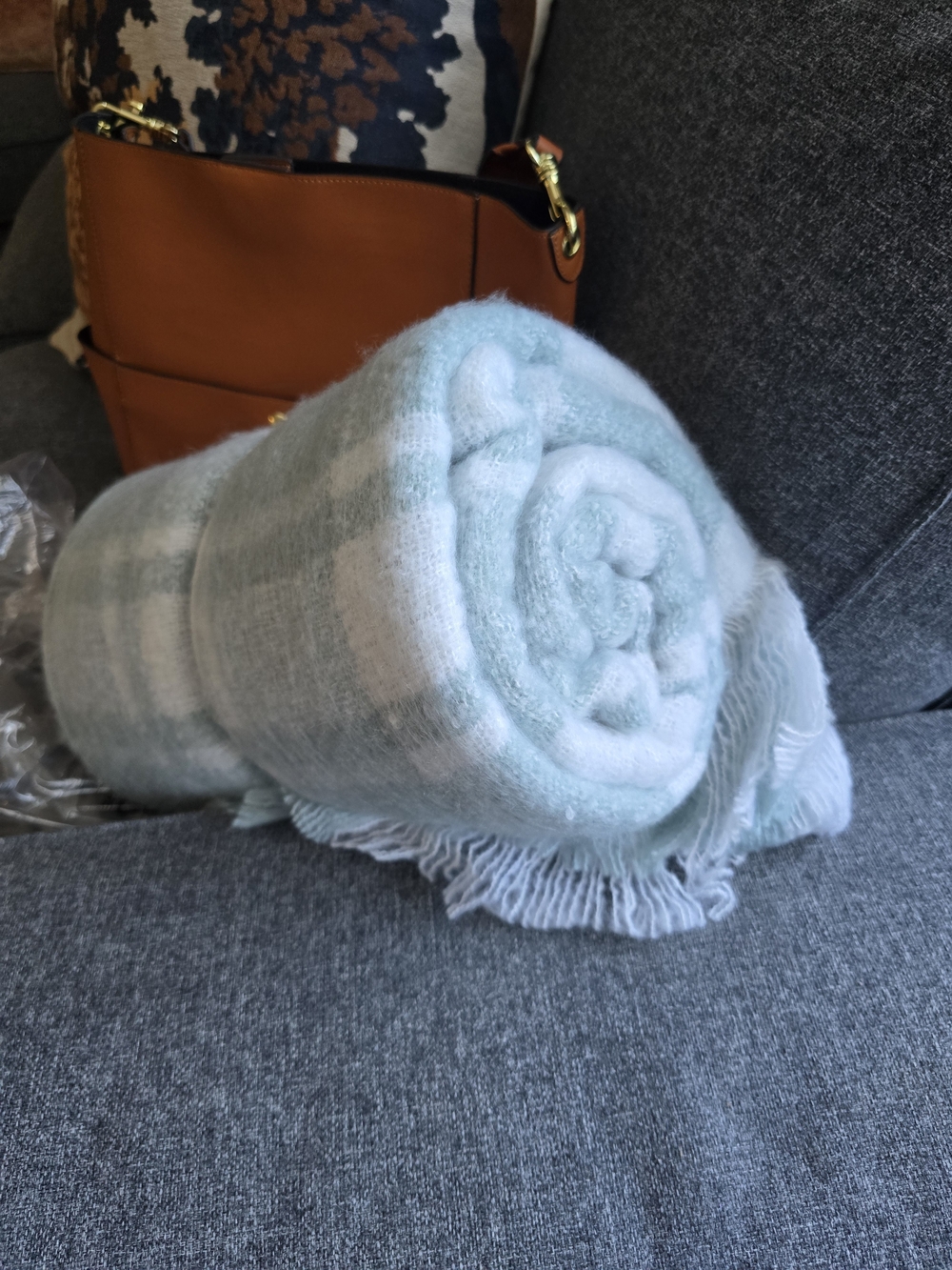 LOFT Light Blue and White Plaid Throw Blanket